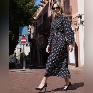 ZARA Polka Dot Midi Shirt Dress Large Black White 100% Viscose Flowy Long Sleeve